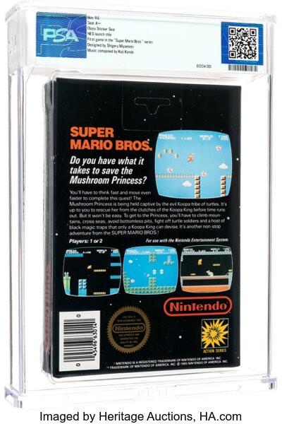 Back of the PSA-graded slab showing the Super Mario Bros. NES cartridge with PSA 9.6 A++ label and QR code.