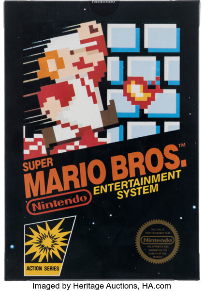 Super Mario Bros. NES box front — Mario leaping past floating brick blocks, second-production gloss-sticker variant.