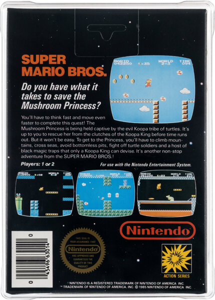 Super Mario Bros. NES box back — Mushroom Princess copy and in-game screenshots.