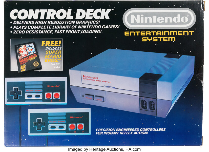 Nintendo Entertainment System Control Deck box advertising a free Super Mario Bros. game pak.