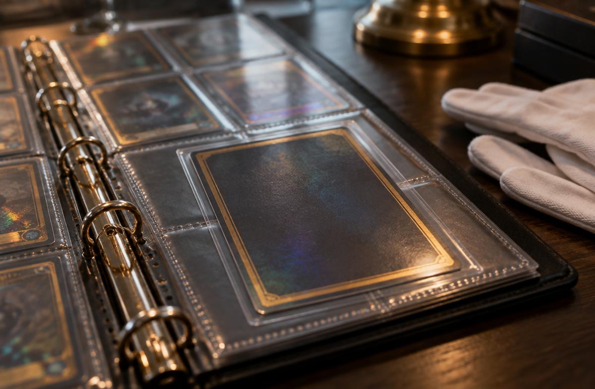 Gold-trimmed card protected in an archival binder sleeve