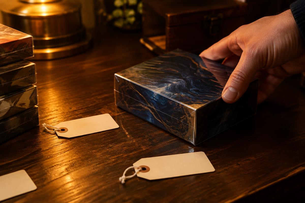 Hand placing an unbranded sealed trading card box beside blank price tags
