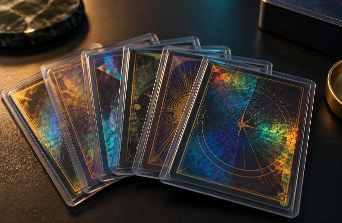 Sleeved holographic trading cards fanned on a desk