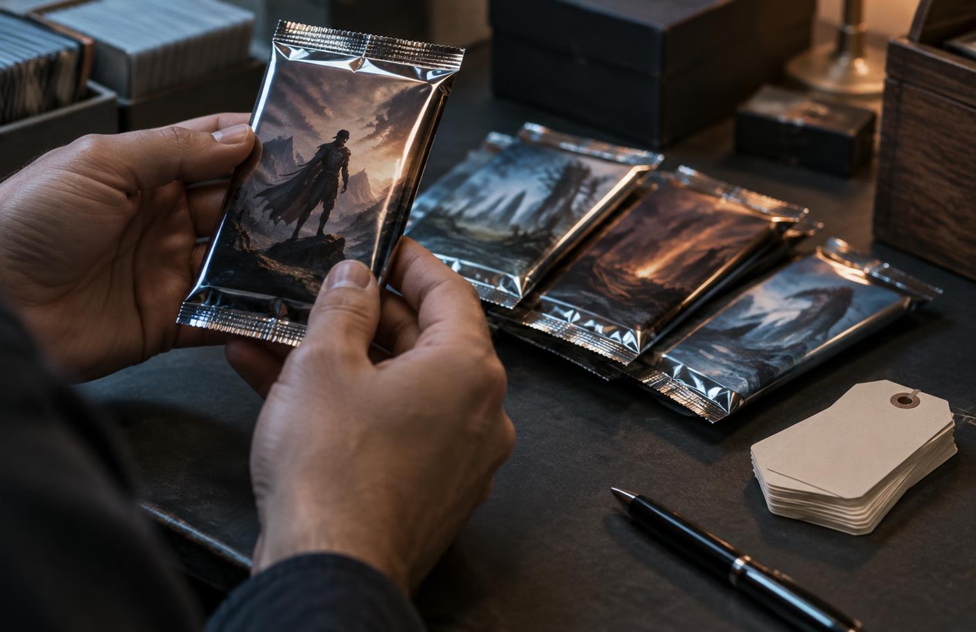 Collector comparing unbranded sealed trading card packs with blank price tags
