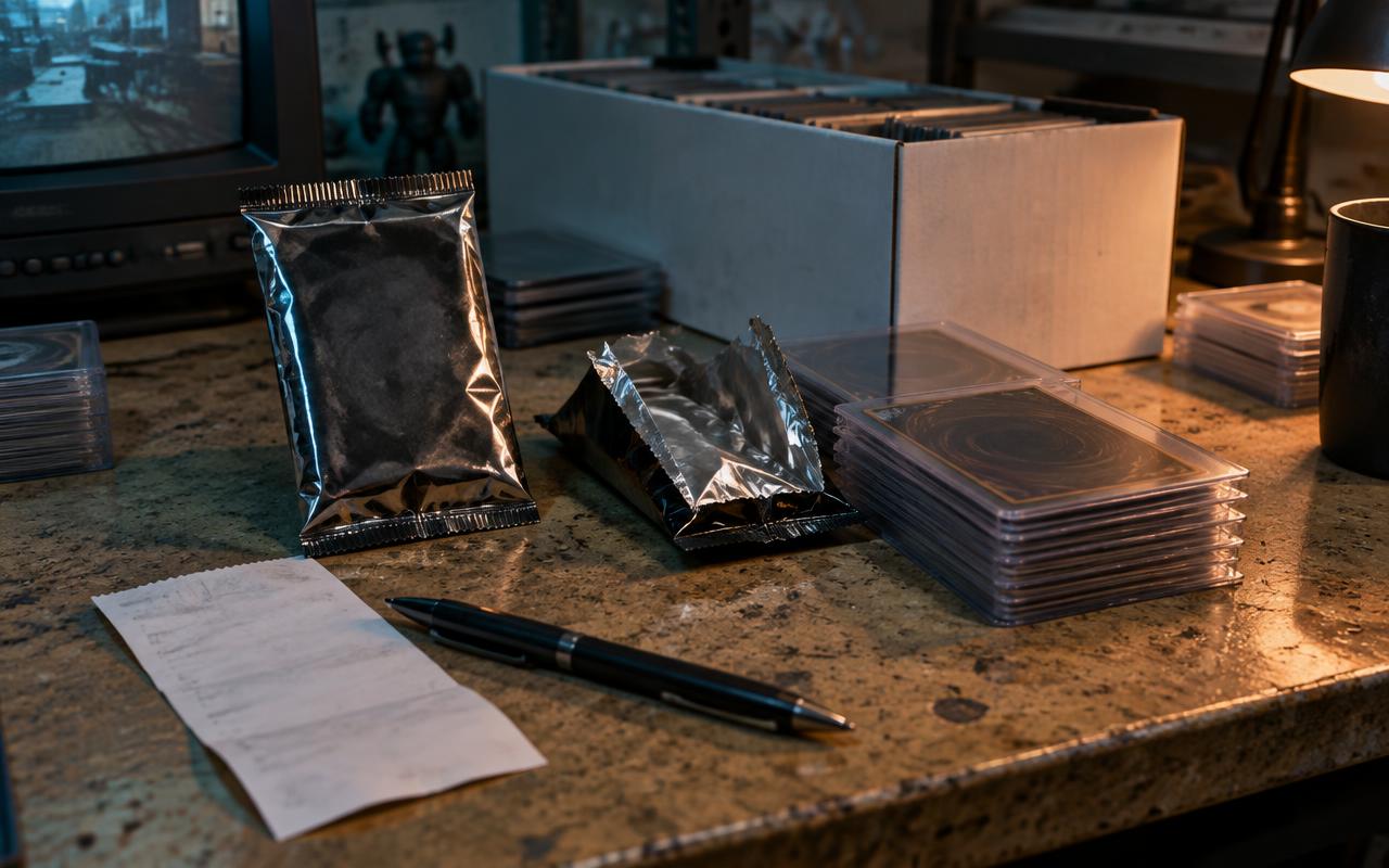 Sealed and opened generic trading card packs on a collector's desk