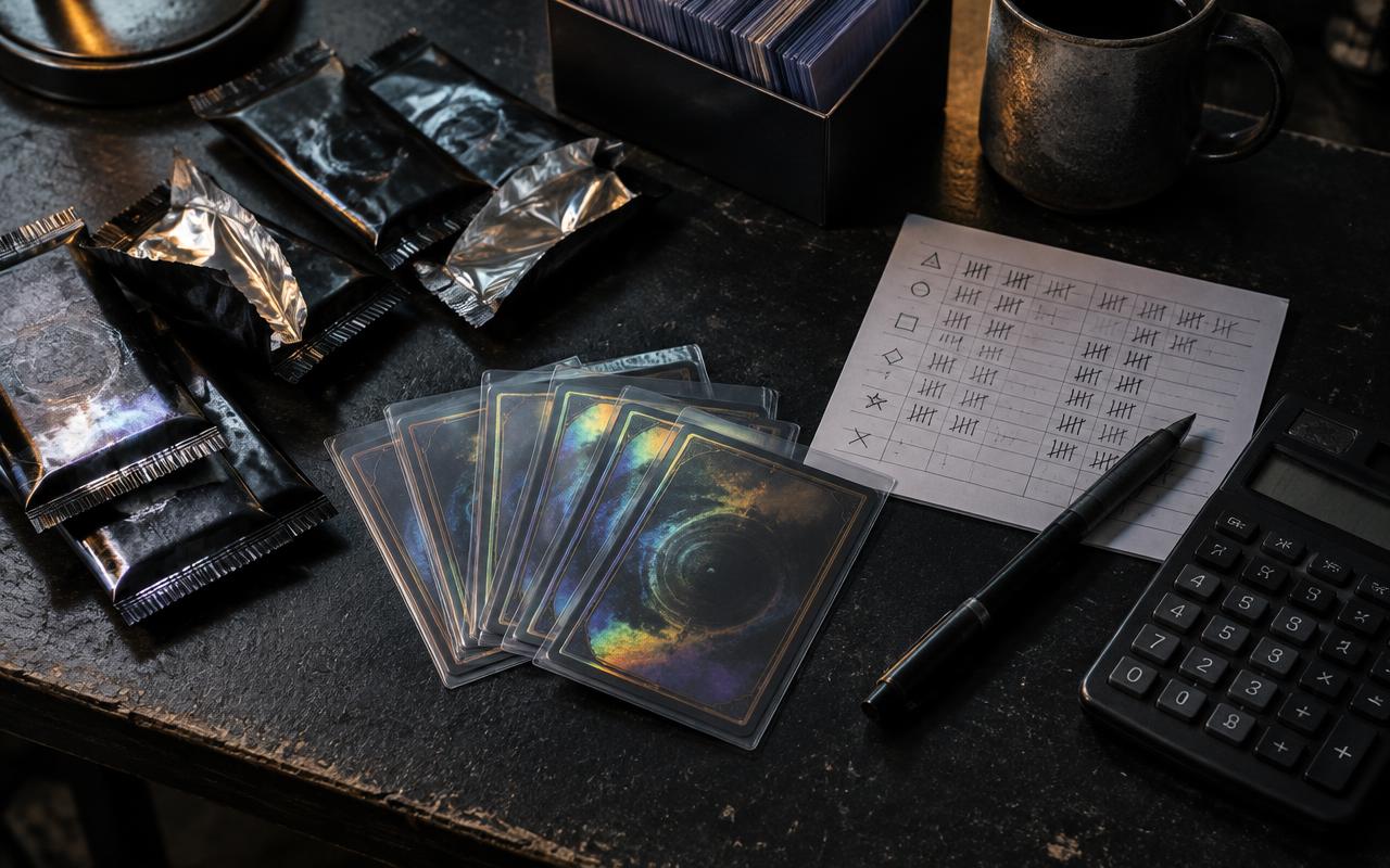Trading card opening and price-checking materials on a desk