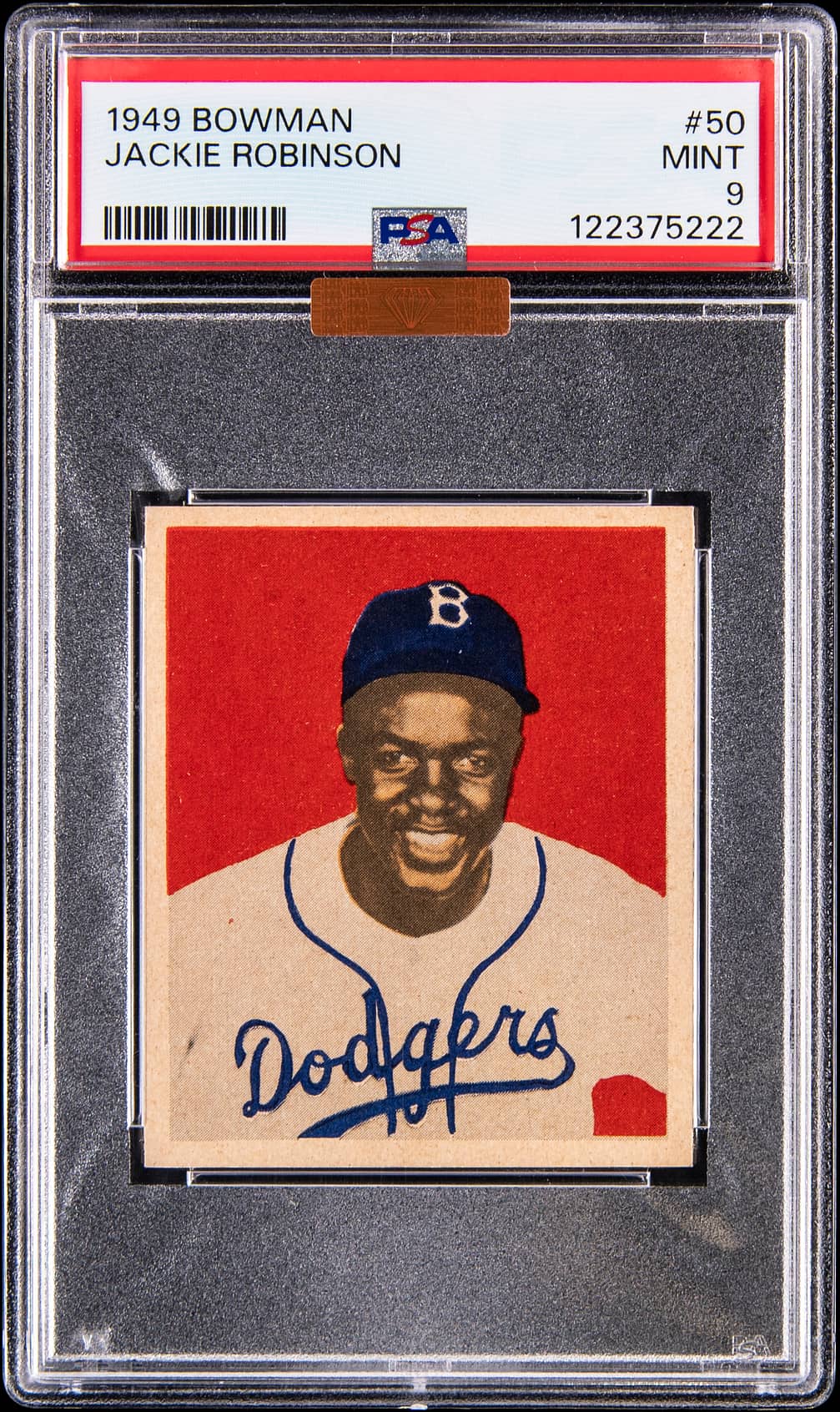 1949 Bowman #50 Jackie Robinson in a PSA Mint 9 slab, cert 122375222