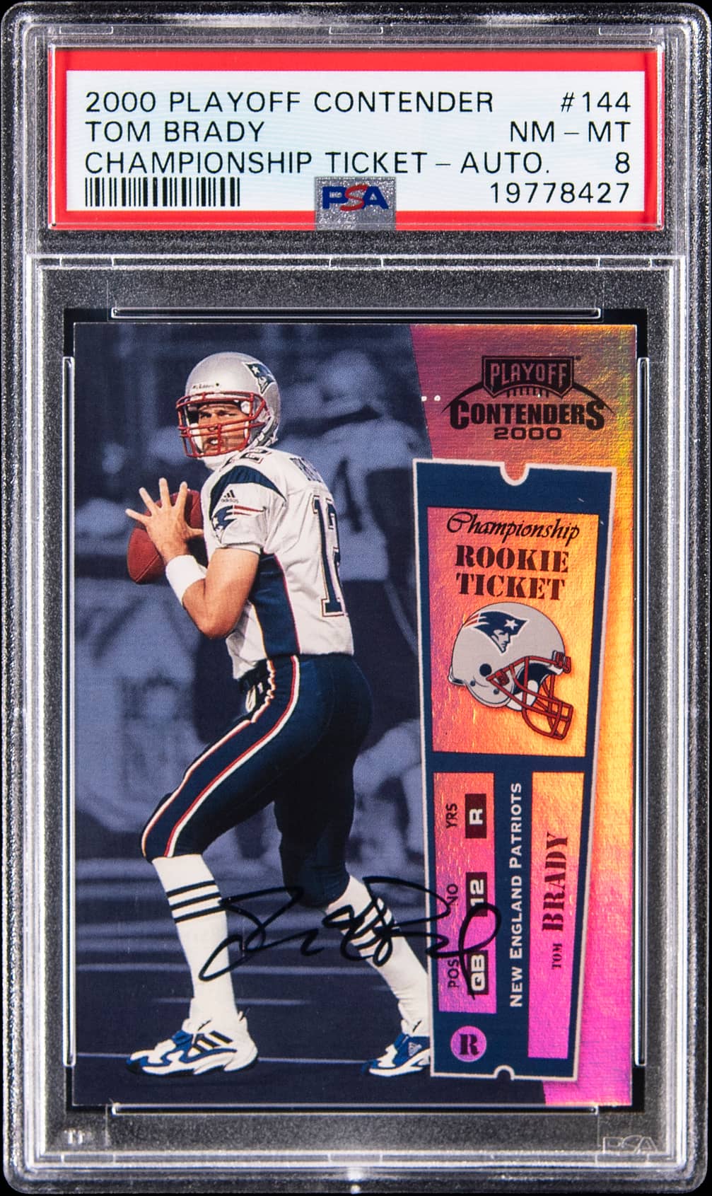 2000 Playoff Contenders Championship Ticket Autograph #144 Tom Brady in a PSA NM-MT 8 slab, cert 19778427