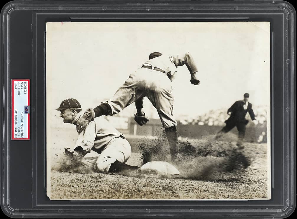 Charles M. Conlon original photograph of Ty Cobb sliding into third, in a PSA holder reading Type I, Authentic, c.1910s, cert 84239031
