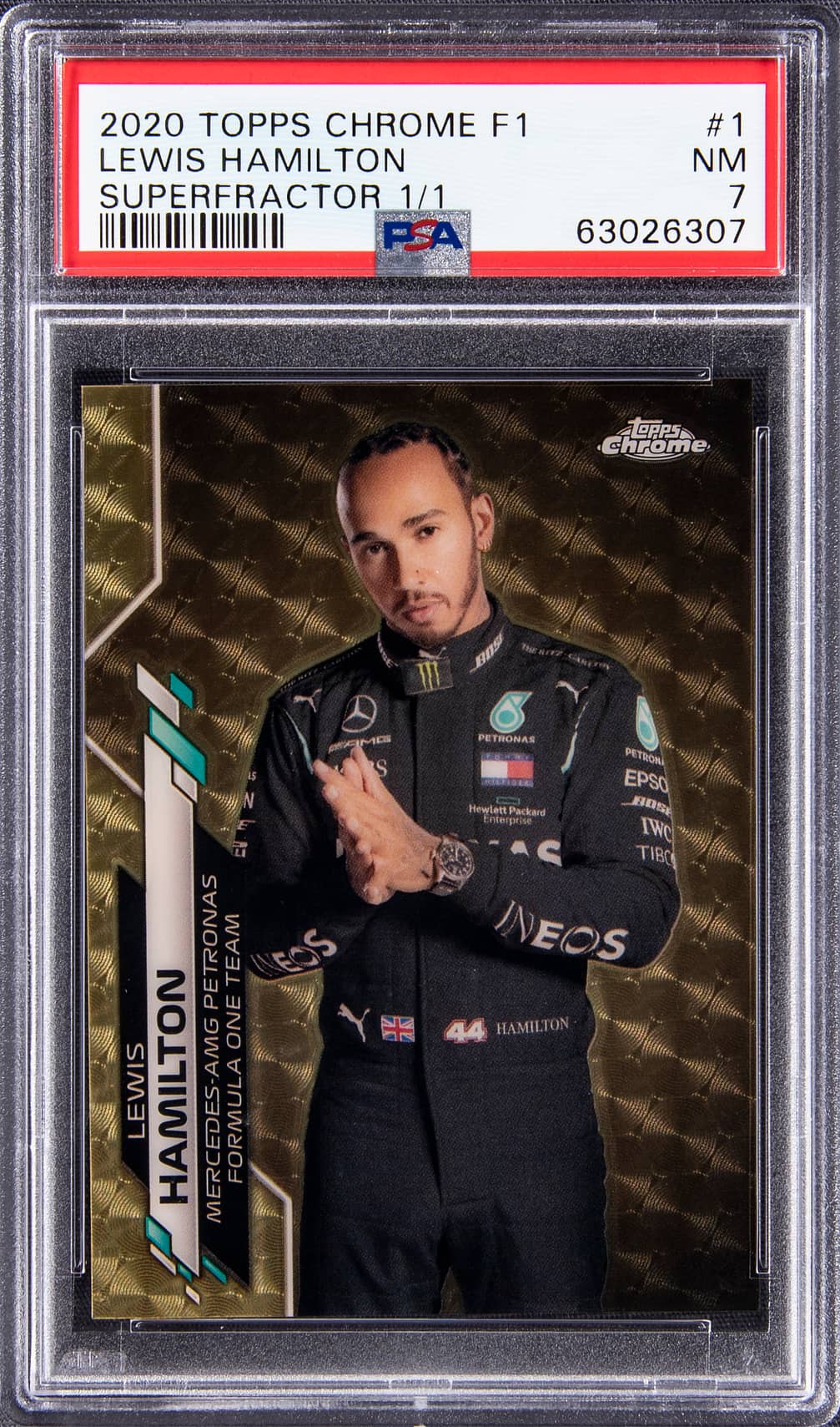 2020 Topps Chrome F1 SuperFractor #1 Lewis Hamilton 1/1 in a PSA NM 7 slab, cert 63026307