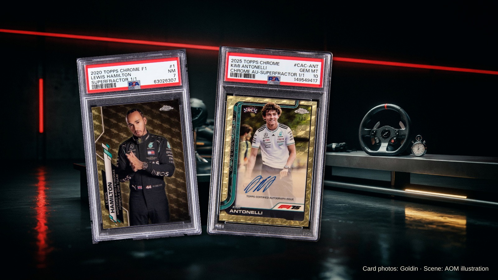 The real PSA 10 Kimi Antonelli SuperFractor auto and PSA 7 Lewis Hamilton SuperFractor slabs, from Goldin's lot photos, composited onto an illustrated scene