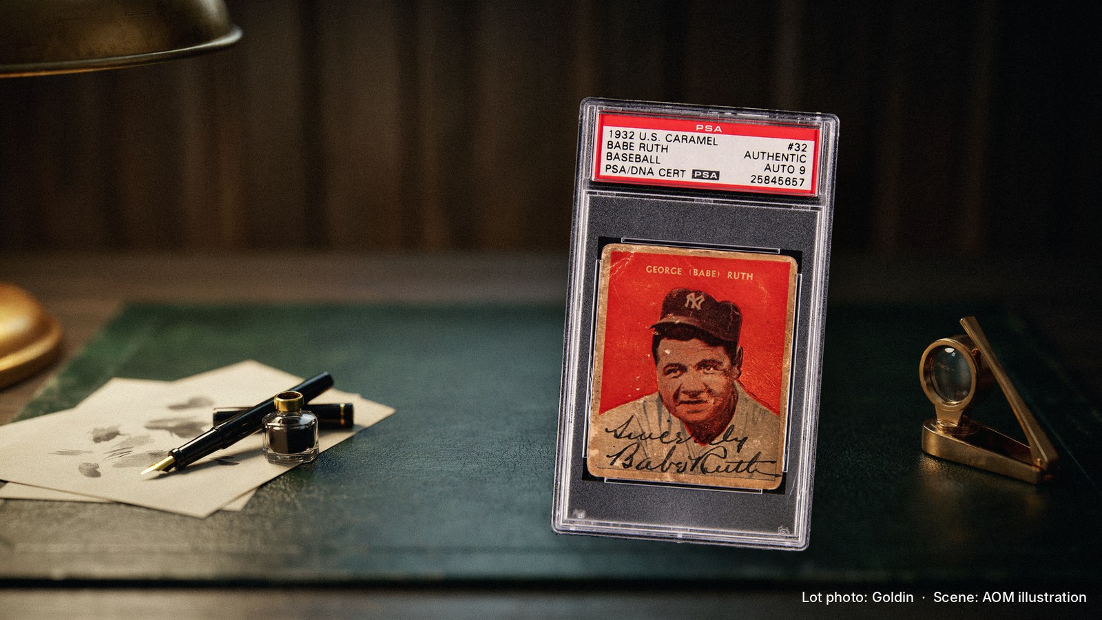 The signed 1932 U.S. Caramel Babe Ruth in its PSA slab reading Authentic and Auto 9, composited onto an illustrated 1930s writing desk with a fountain pen and loupe