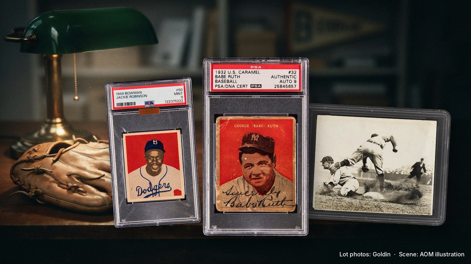 The three Goldin lots: a PSA 9 1949 Bowman Jackie Robinson, the signed 1932 U.S. Caramel Babe Ruth (PSA Authentic, Auto 9) and the PSA/DNA Type I Conlon photo of Ty Cobb sliding, composited onto an illustrated archive desk