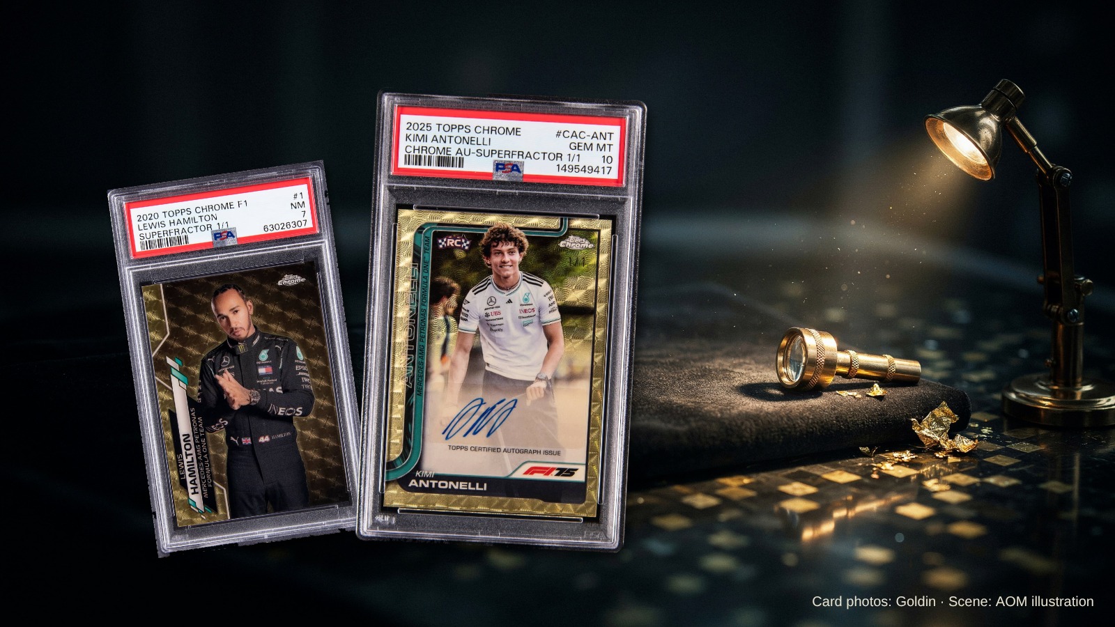 The real PSA 10 Kimi Antonelli SuperFractor auto 1/1 slab, from Goldin's lot photo, composited onto an illustrated scene