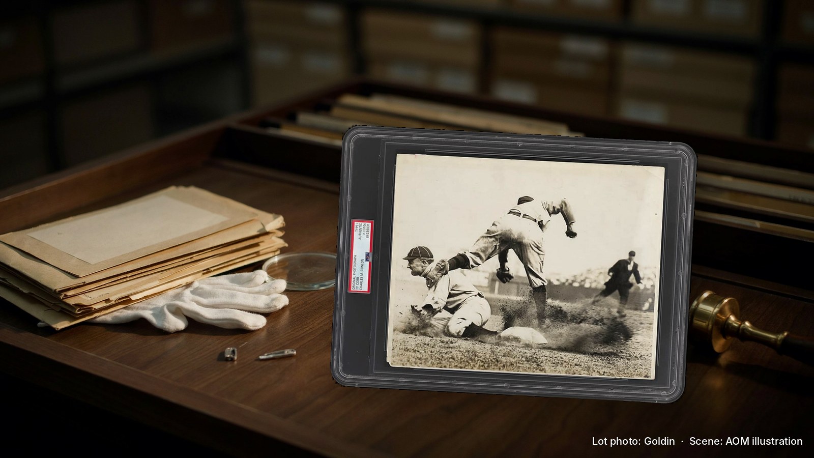 The PSA/DNA Type I Charles M. Conlon photograph of Ty Cobb sliding into third, in its holder, composited onto an illustrated photo-archive desk with envelopes and white gloves