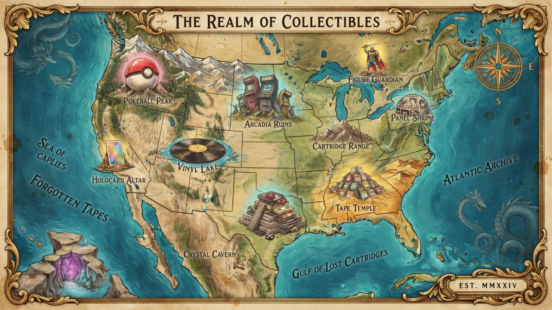 Illustrated vintage treasure map of the United States marking collectible categories — Pokéball Peak, Cartridge Range, Vinyl Lake, Arcade Ruins, Tape Temple, Card Altar and the Figure Guardian.